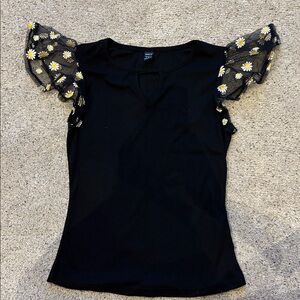 SHEIN Black Top with Floral Mesh Sleeves